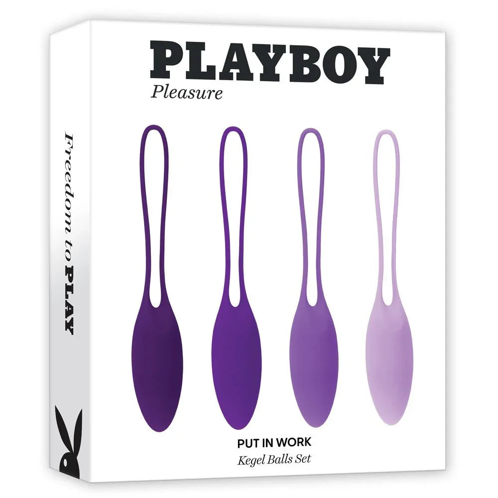 Playboy Pleasure Put In Work retail box showing the four graduated purple kegel balls