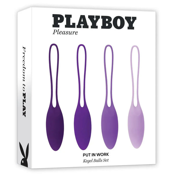 Playboy Pleasure Put In Work retail box showing the four graduated purple kegel balls