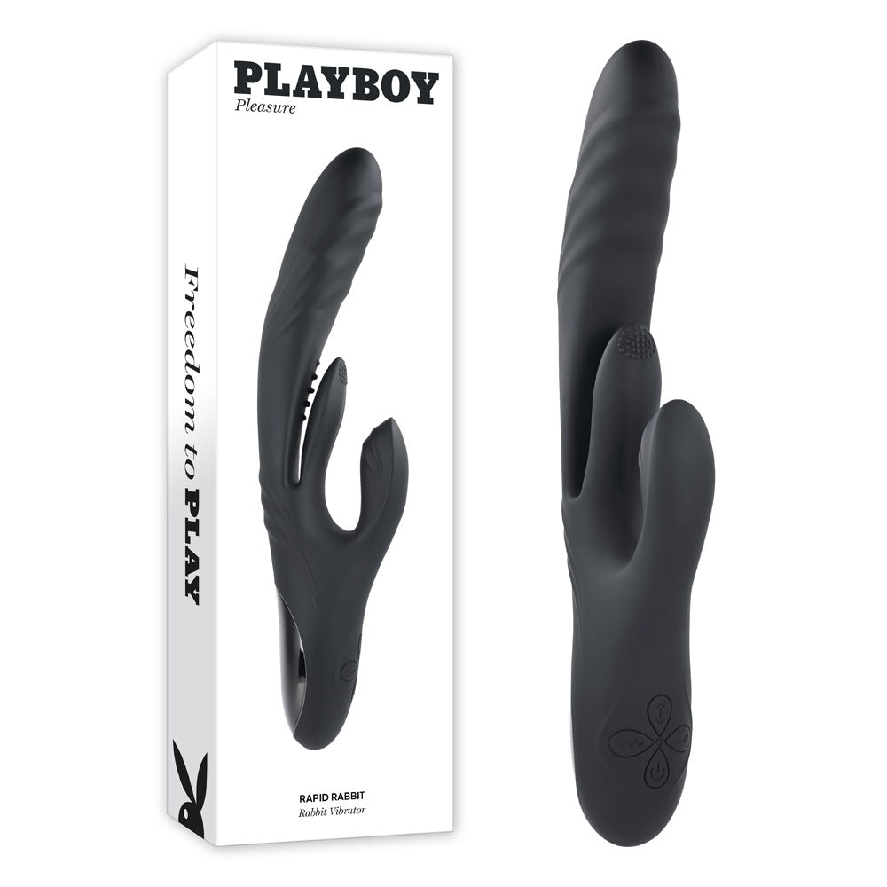 Playboy Pleasure RAPID RABBIT - Black 26.4 cm USB Rechargeable Rabbit Vibrator – Sex toys NZ by Naughtyhut. Discreet delivery nationwide.