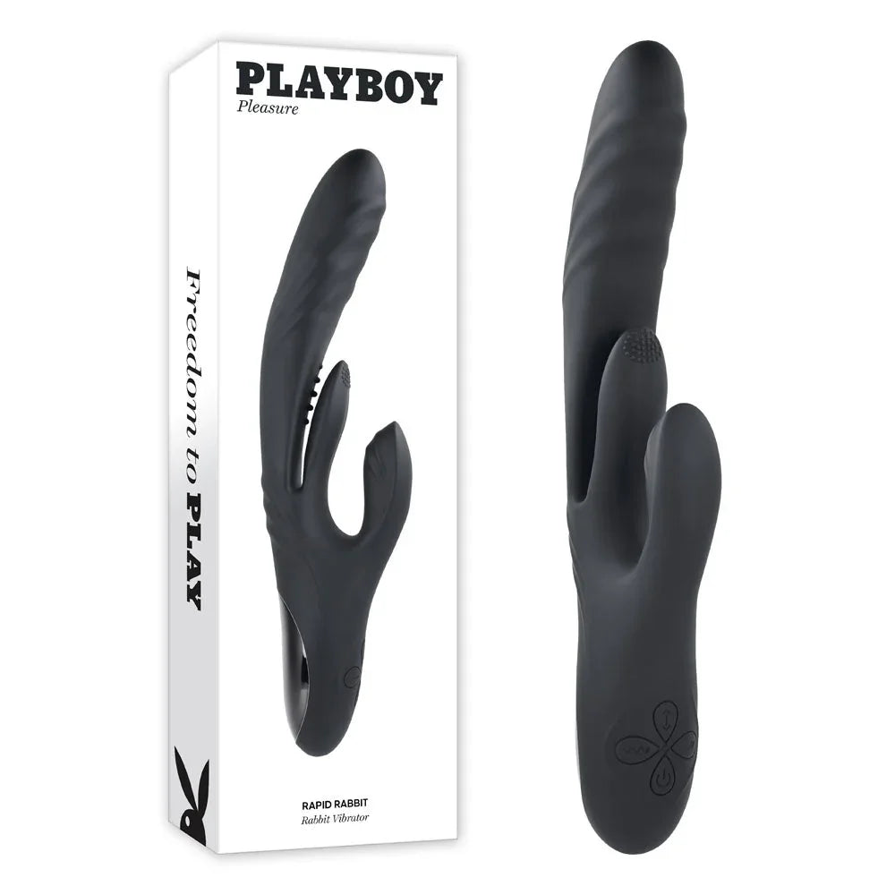 Playboy Pleasure Rapid Rabbit vibrator in black beside its retail box