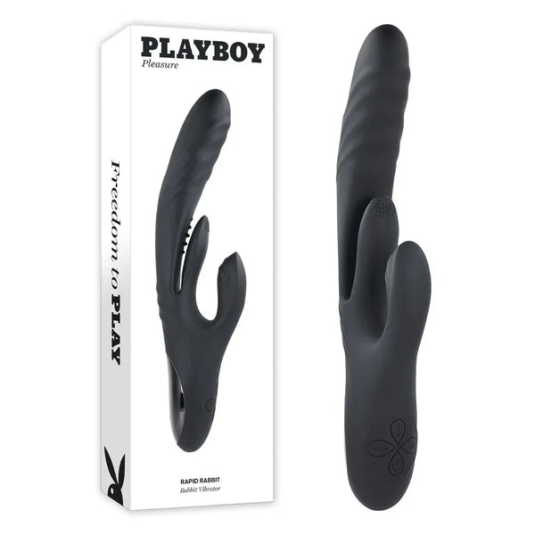 Playboy Pleasure Rapid Rabbit vibrator in black beside its retail box