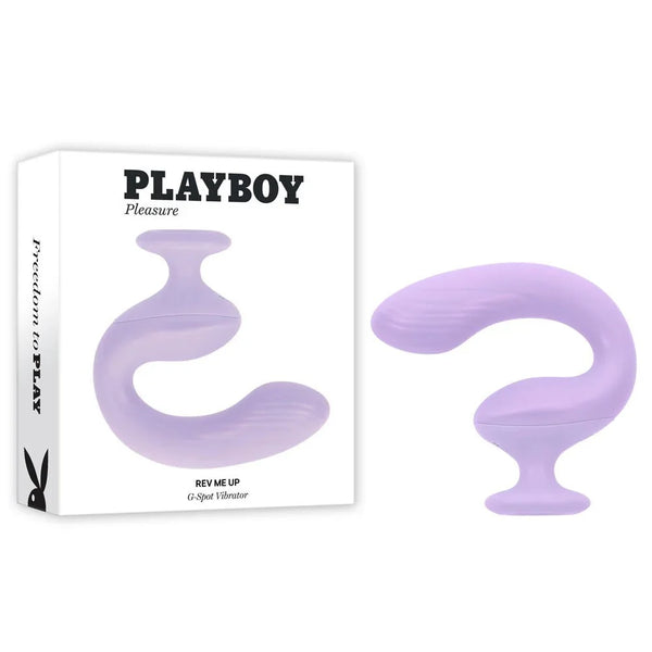 Playboy Pleasure Rev Me Up dual-motor curved vibrator in purple with its retail box