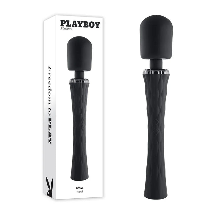 Playboy Pleasure Royal massage wand in black beside its retail box
