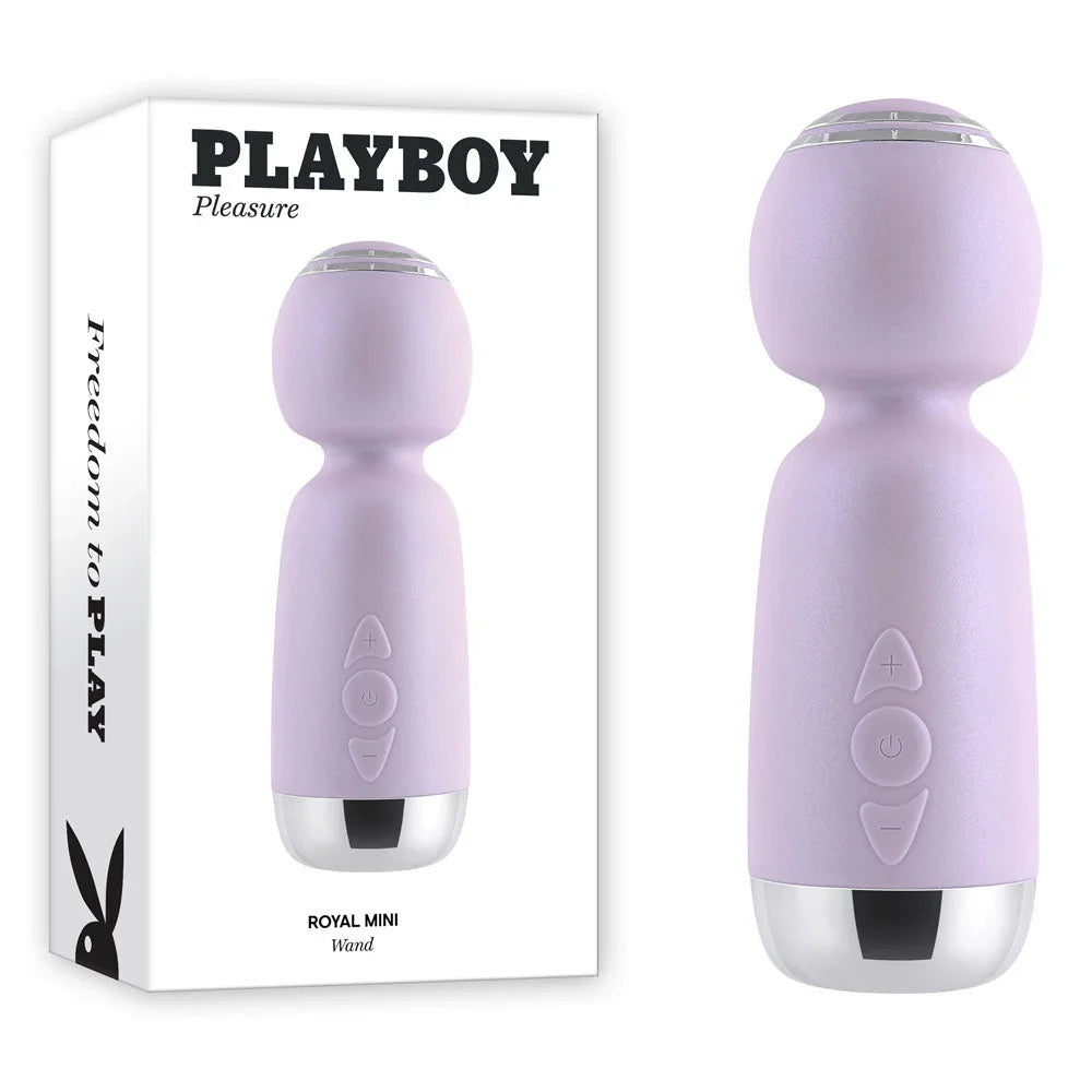 Playboy Pleasure Royal Mini wand vibrator in lilac beside its retail box