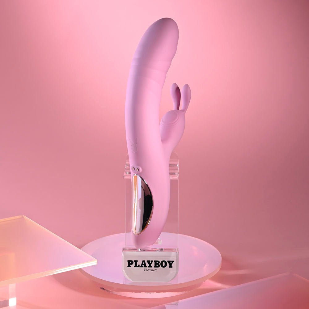 Playboy Pleasure RUB ME RIGHT - Pink 23.2 cm USB Rechargeable Thrusting Rabbit Vibrator – Sex toys NZ by Naughtyhut. Discreet delivery nationwide.