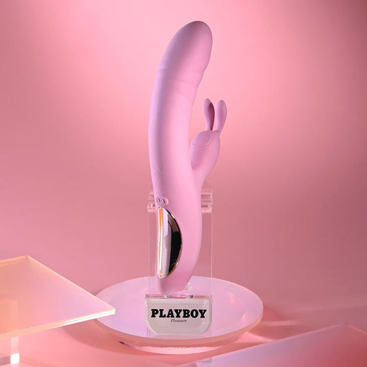 Playboy Pleasure RUB ME RIGHT - Pink 23.2 cm USB Rechargeable Thrusting Rabbit Vibrator – Sex toys NZ by Naughtyhut. Discreet delivery nationwide.