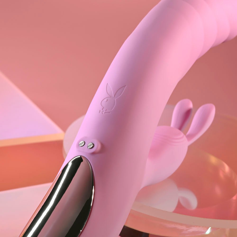 Playboy Pleasure RUB ME RIGHT - Pink 23.2 cm USB Rechargeable Thrusting Rabbit Vibrator – Sex toys NZ by Naughtyhut. Discreet delivery nationwide.