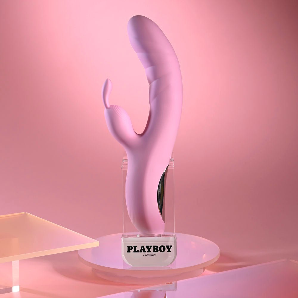 Playboy Pleasure RUB ME RIGHT - Pink 23.2 cm USB Rechargeable Thrusting Rabbit Vibrator – Sex toys NZ by Naughtyhut. Discreet delivery nationwide.