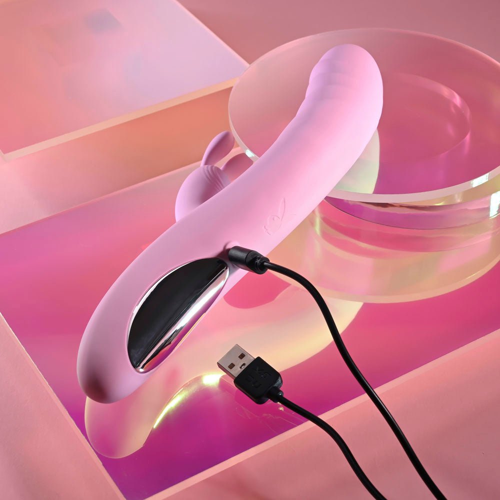 Playboy Pleasure RUB ME RIGHT - Pink 23.2 cm USB Rechargeable Thrusting Rabbit Vibrator – Sex toys NZ by Naughtyhut. Discreet delivery nationwide.