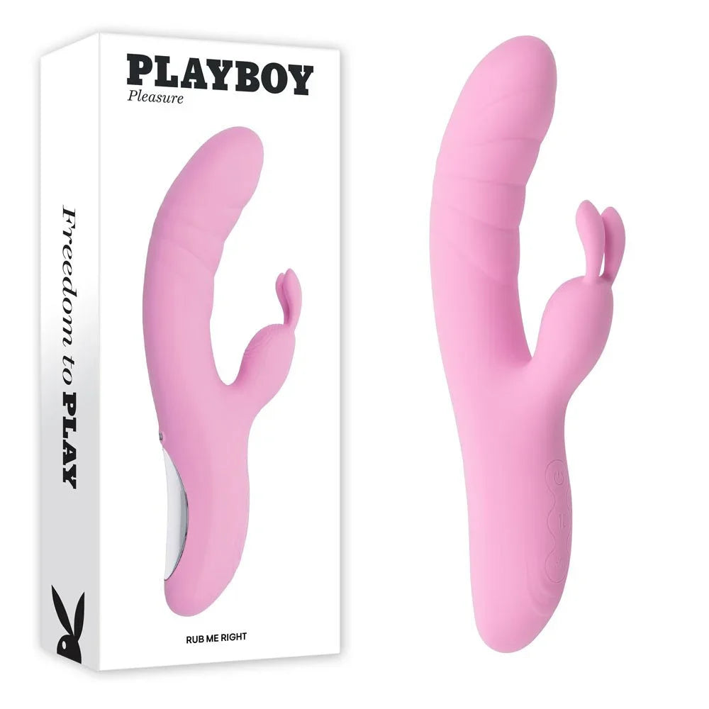 Playboy Pleasure Rub Me Right thrusting rabbit vibrator in pink with its retail box