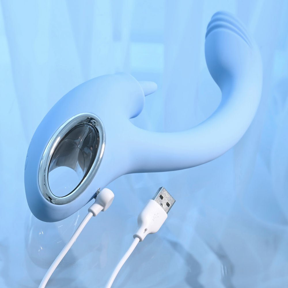 Playboy Pleasure SAPPHIRE SKY - Blue 21.6 cm USB Rechargeable Vibrator with Double Tongue Stimulator – Sex toys NZ by Naughtyhut. Discreet delivery nationwide.