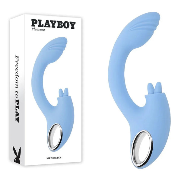 Playboy Pleasure Sapphire Sky double tongue vibrator in blue beside its retail box