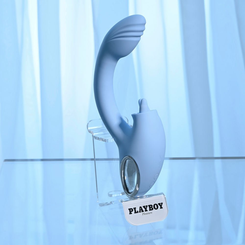 Buy Playboy Pleasure SAPPHIRE SKY - Blue 21.6 cm USB Rechargeable Vibrator with Double Tongue Stimulator – Naughtyhut NZ sex toys online. Discreet delivery & top brands.