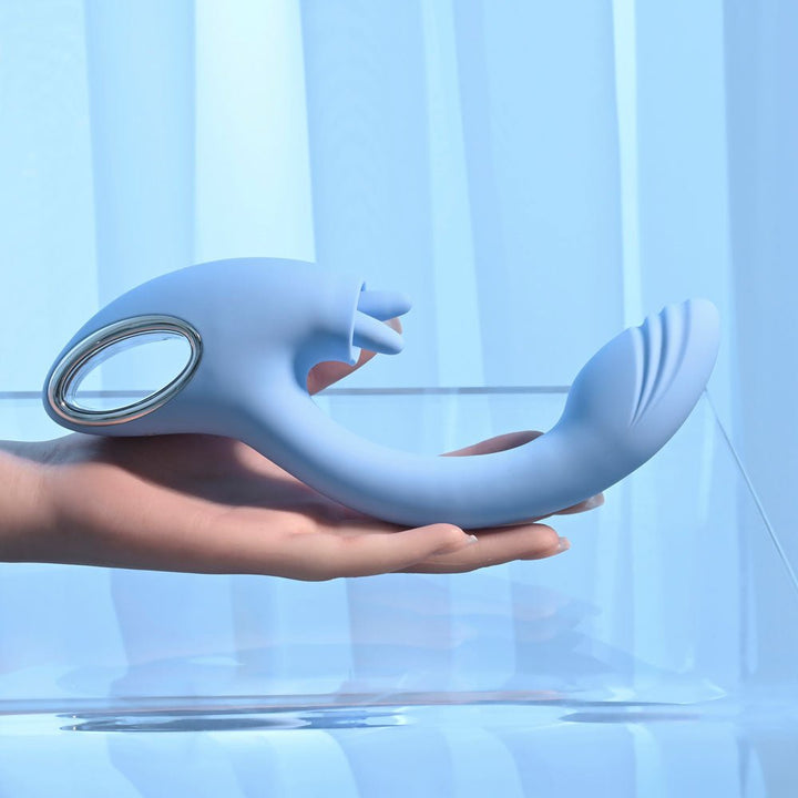 Playboy Pleasure SAPPHIRE SKY - Blue 21.6 cm USB Rechargeable Vibrator with Double Tongue Stimulator – Sex toys NZ by Naughtyhut. Discreet delivery nationwide.