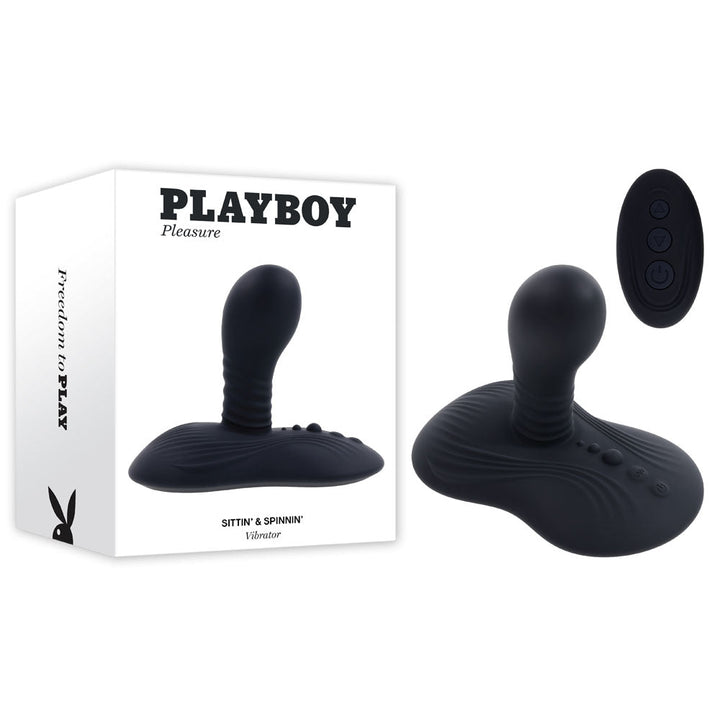 Playboy Pleasure SITTIN & SPINNIN - Black USB Rechargeable Spinning Vibrator & Grinder Pad with Remote – Sex toys NZ by Naughtyhut. Discreet delivery nationwide.
