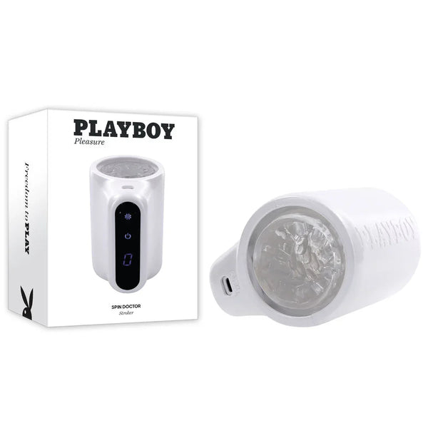 Playboy Pleasure Spin Doctor vibrating spinning stroker in white with its retail box