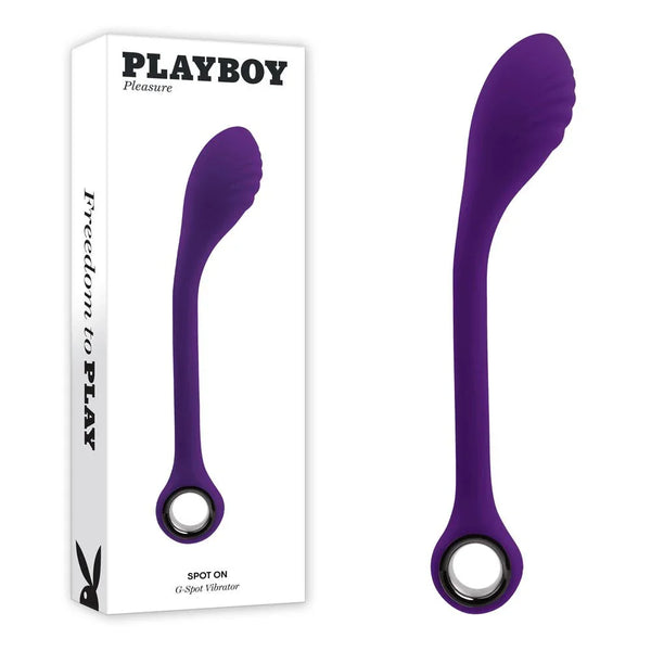 Playboy Pleasure Spot On poseable G-spot vibrator in purple beside its retail box