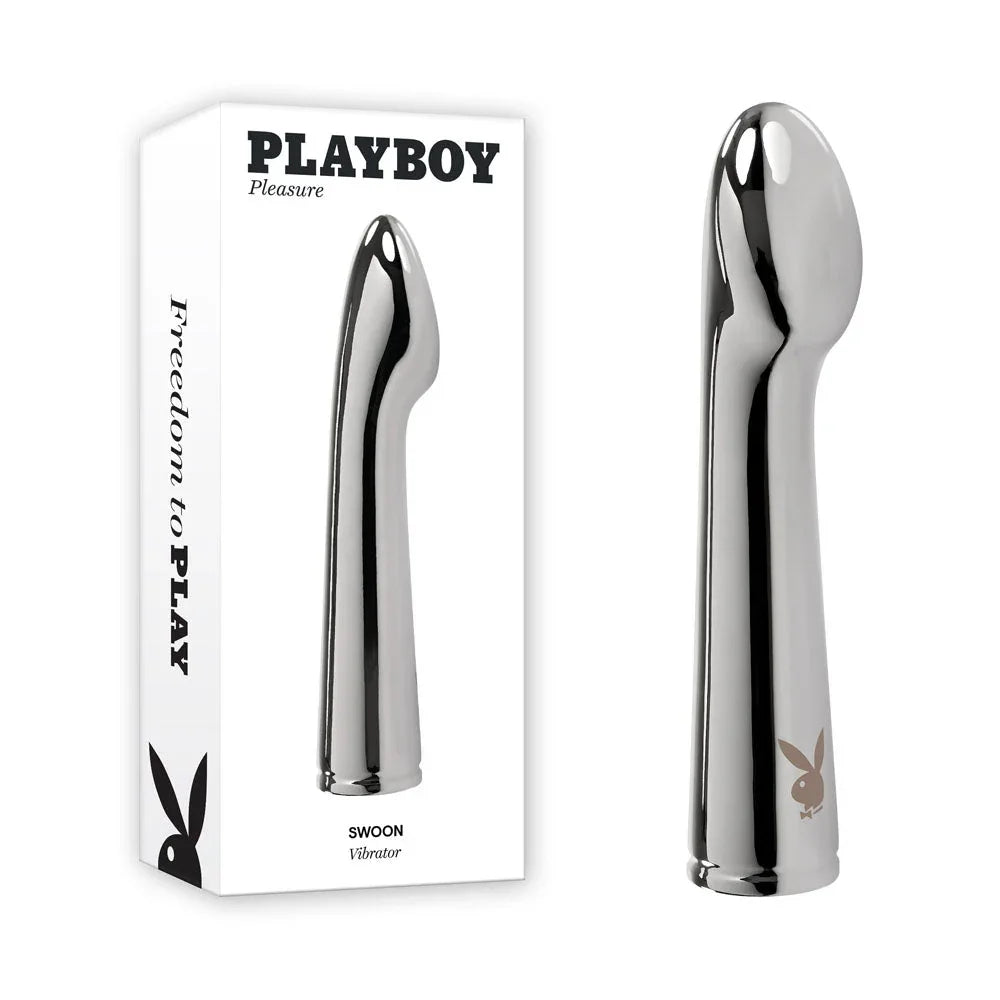 Playboy Pleasure Swoon vibrator in polished chrome beside its retail box