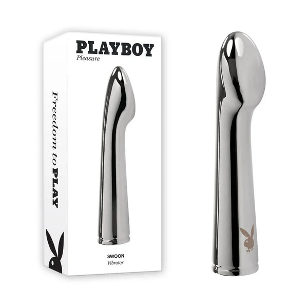 Playboy Pleasure Swoon vibrator in polished chrome beside its retail box