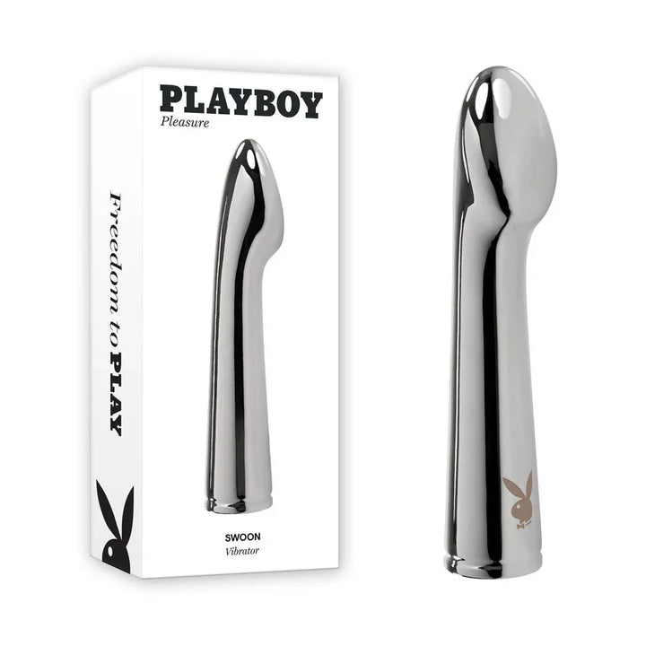 Playboy Pleasure Swoon vibrator in polished chrome beside its retail box