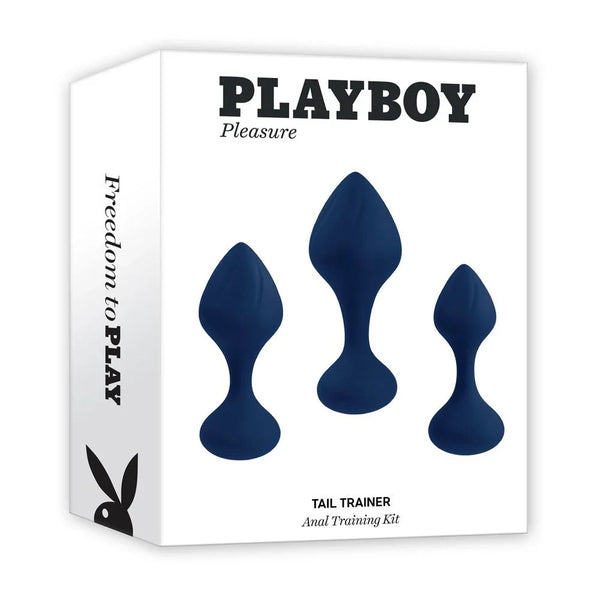 Playboy Pleasure Tail Trainer box showing three graduated black silicone butt plugs