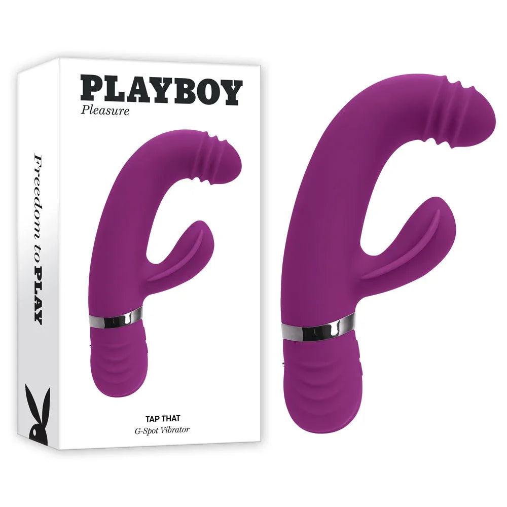 Playboy Pleasure Tap That tapping rabbit vibrator in purple beside its retail box