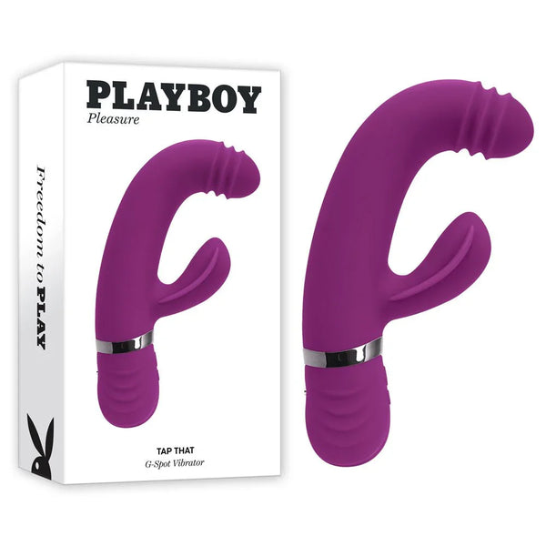 Playboy Pleasure Tap That tapping rabbit vibrator in purple beside its retail box