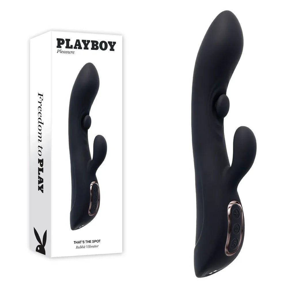 Playboy Pleasure That's The Spot tapping rabbit vibrator in black with its retail box