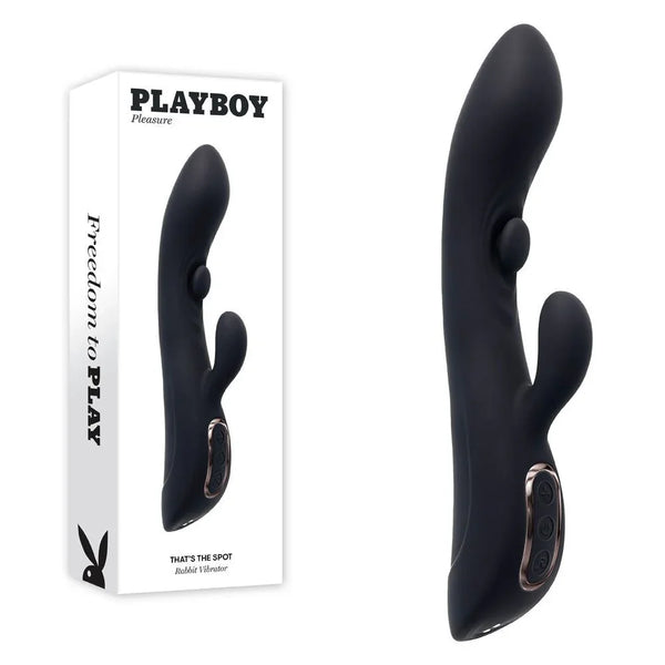 Playboy Pleasure That's The Spot tapping rabbit vibrator in black with its retail box