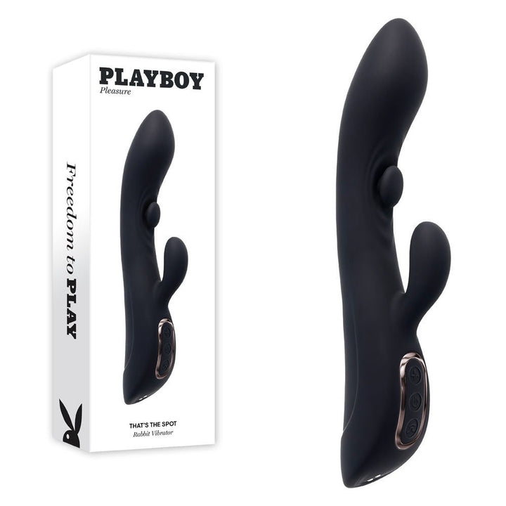 Playboy Pleasure THATS THE SPOT - Black 23.3 cm USB Rechargeable Rabbit Vibrator with G - Spot Tapper – Sex toys NZ by Naughtyhut. Discreet delivery nationwide.
