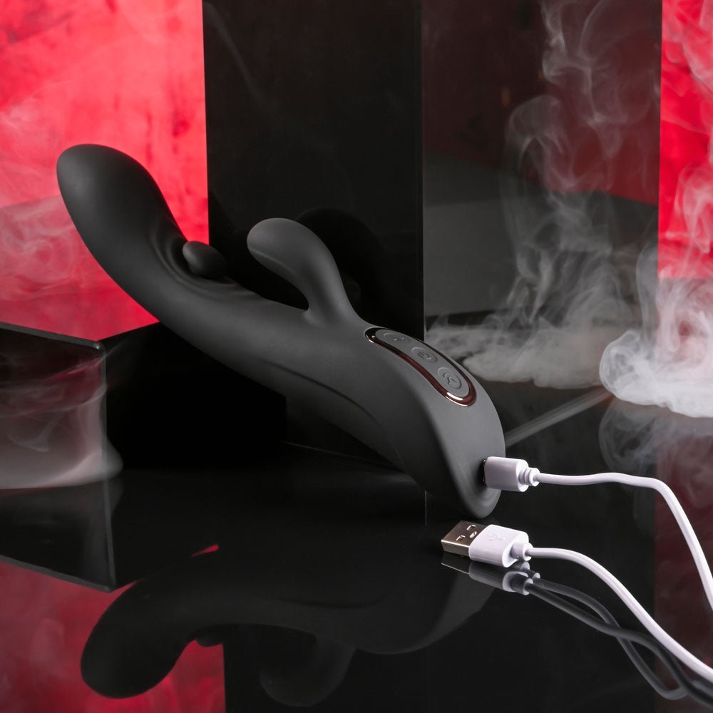 Playboy Pleasure THATS THE SPOT - Black 23.3 cm USB Rechargeable Rabbit Vibrator with G - Spot Tapper – Sex toys NZ by Naughtyhut. Discreet delivery nationwide.