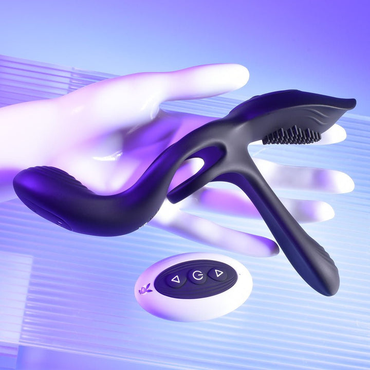 Playboy Pleasure The 3 Way - Black USB Rechargeable Vibrating Cock Ring with Wireless Remote – Sex toys NZ by Naughtyhut. Discreet delivery nationwide.
