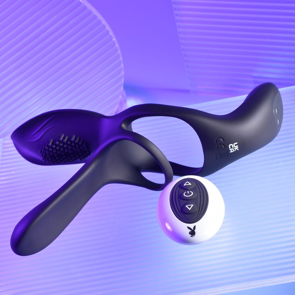 Buy Playboy Pleasure The 3 Way - Black USB Rechargeable Vibrating Cock Ring with Wireless Remote – Naughtyhut NZ sex toys online. Discreet delivery & top brands.