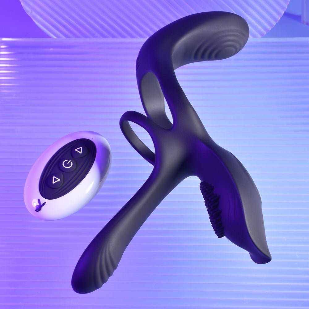 Playboy Pleasure The 3 Way - Black USB Rechargeable Vibrating Cock Ring with Wireless Remote – Sex toys NZ by Naughtyhut. Discreet delivery nationwide.
