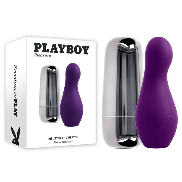 Playboy Pleasure The Jet Set travel vibrator in purple with its chrome travel case