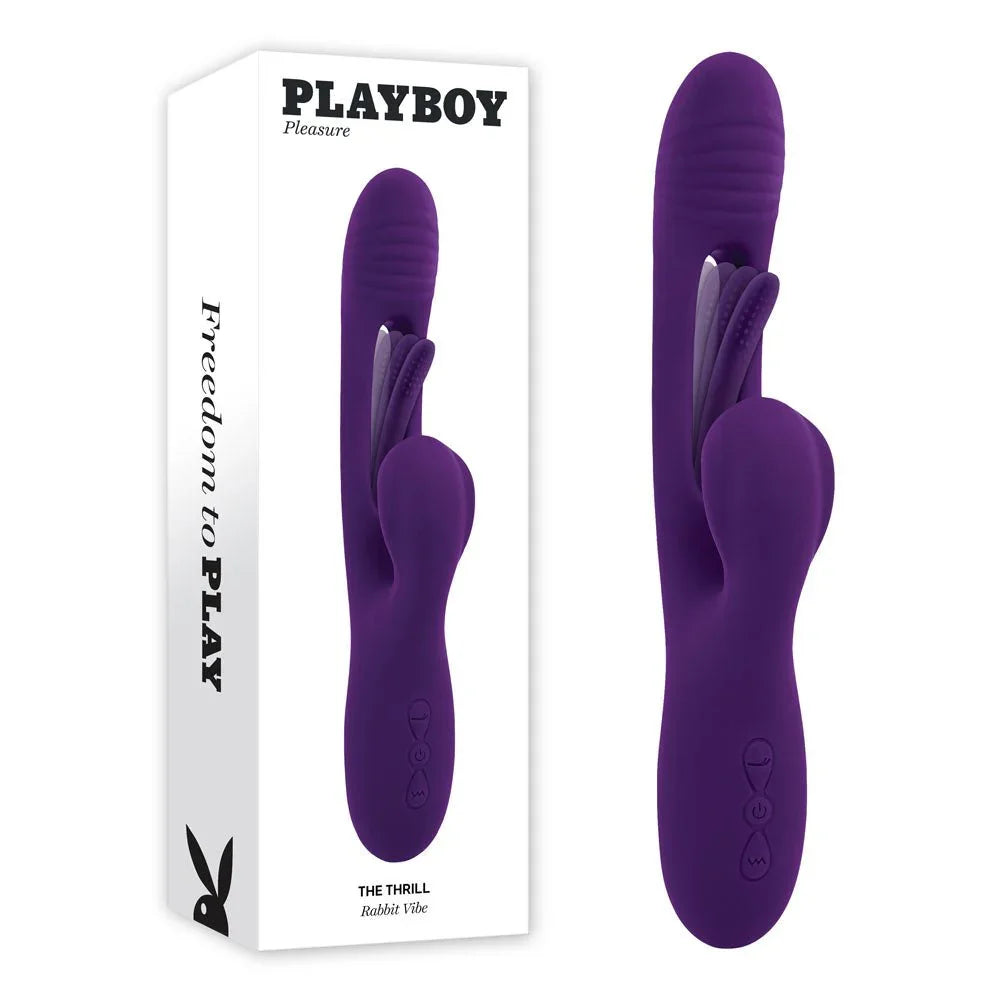 Playboy Pleasure The Thrill rabbit vibrator in purple beside its retail box