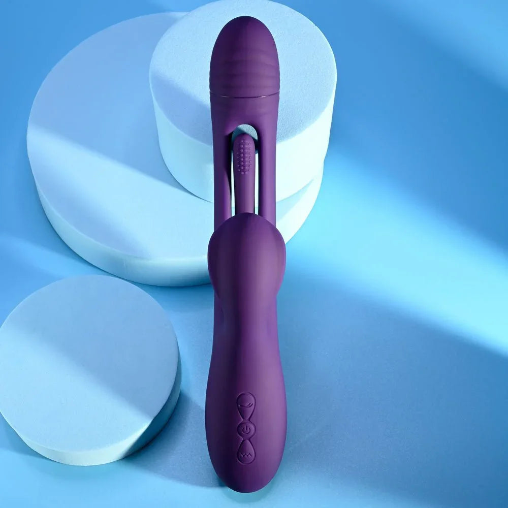 Purple Thrill tilted back showing the three control buttons at the base