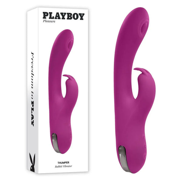 Playboy Pleasure Thumper rabbit vibrator in purple beside its retail box