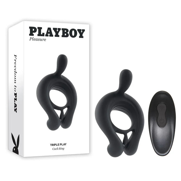 Playboy Pleasure Triple Play cock ring in black beside its retail box and wireless remote