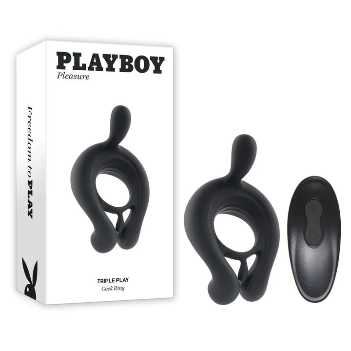 Playboy Pleasure Triple Play cock ring in black beside its retail box and wireless remote