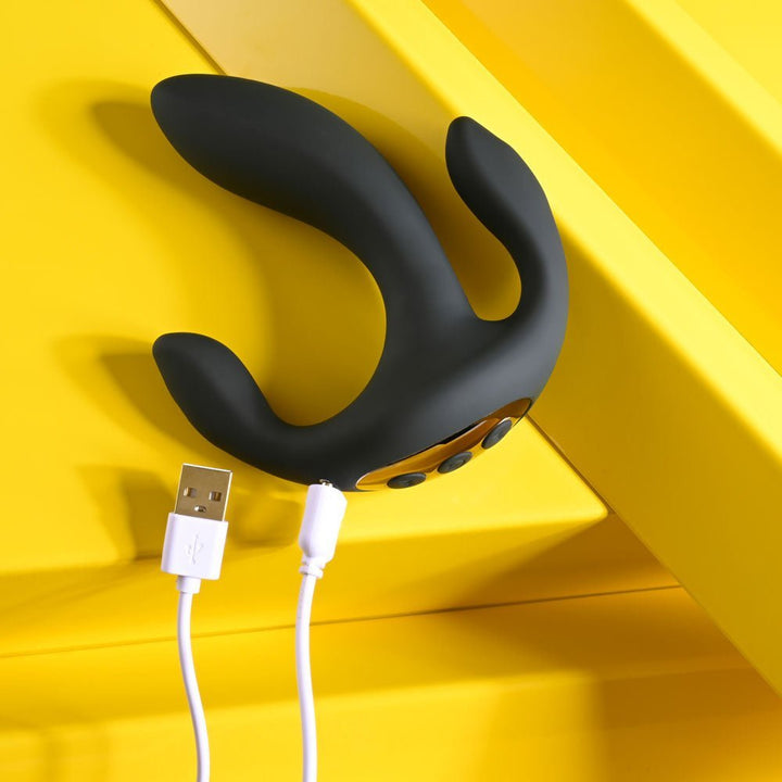 Playboy Pleasure TRIPLE THREAT - Black USB Rechargeable Triple Probe Vibrator – Sex toys NZ by Naughtyhut. Discreet delivery nationwide.