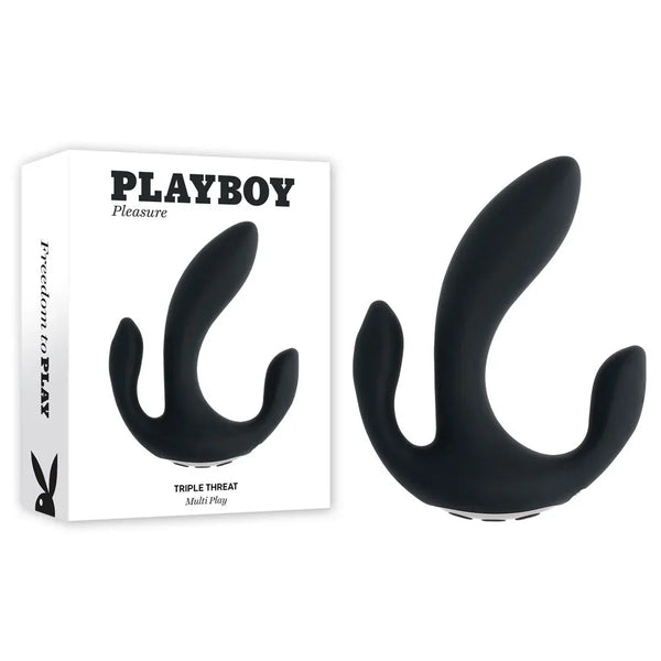 Playboy Pleasure Triple Threat triple-probe vibrator in black beside its retail box