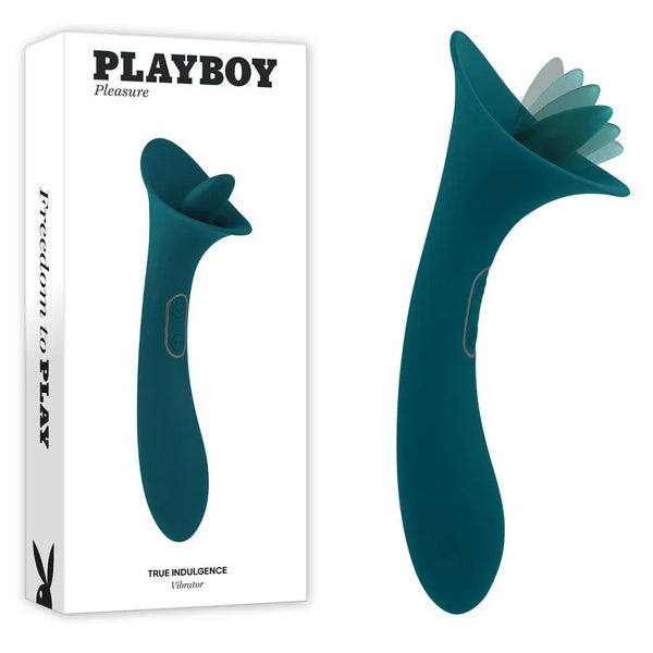 Playboy Pleasure True Indulgence flicking tongue vibrator in teal with its retail box
