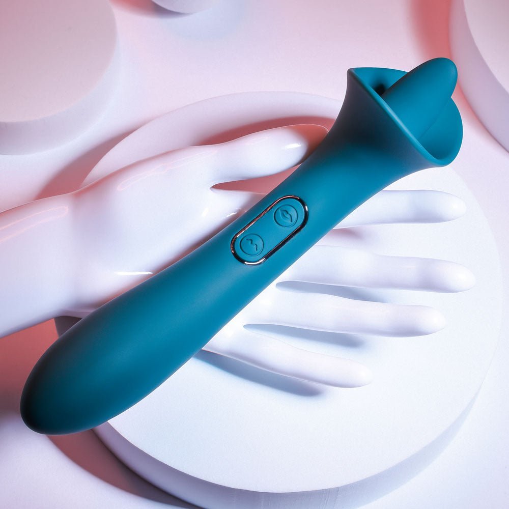 Playboy Pleasure TRUE INDULGENCE - Teal 21.3 cm USB Rechargeable Vibrator with Flicking Tip – Sex toys NZ by Naughtyhut. Discreet delivery nationwide.
