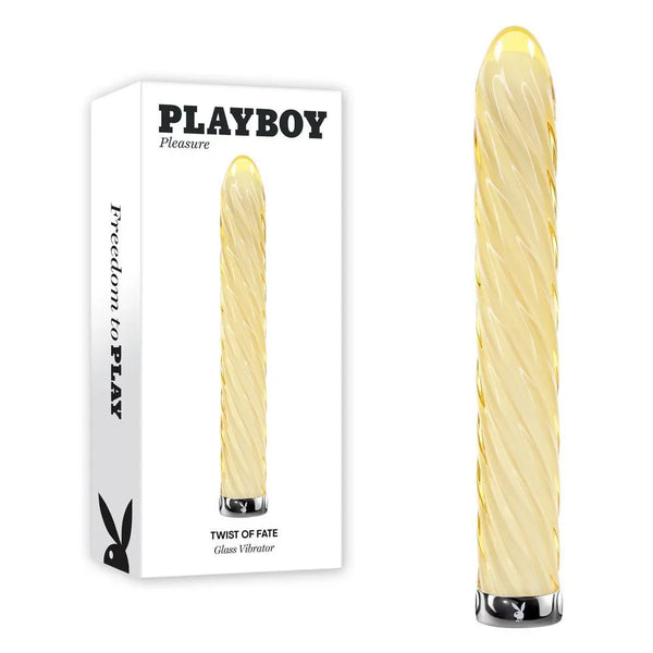 Playboy Pleasure Twist Of Fate glass vibrator in yellow with spiral ridges and its box