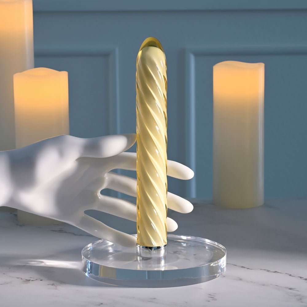 Playboy Pleasure TWIST OF FATE - Yellow Glass 17.5 cm USB Rechargeable Vibrator – Sex toys NZ by Naughtyhut. Discreet delivery nationwide.