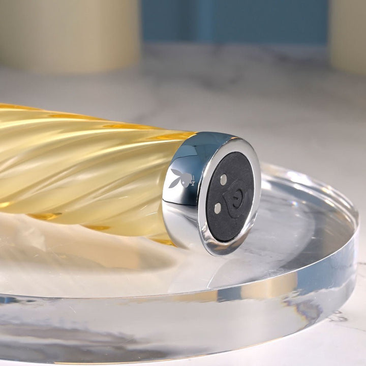 Playboy Pleasure TWIST OF FATE - Yellow Glass 17.5 cm USB Rechargeable Vibrator – Sex toys NZ by Naughtyhut. Discreet delivery nationwide.