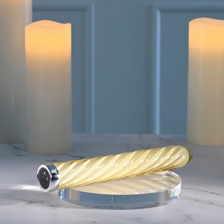 Playboy Pleasure TWIST OF FATE - Yellow Glass 17.5 cm USB Rechargeable Vibrator – Sex toys NZ by Naughtyhut. Discreet delivery nationwide.