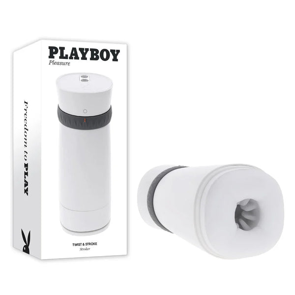 Playboy Pleasure Twist & Stroke heating UV-clean stroker in white with its retail box