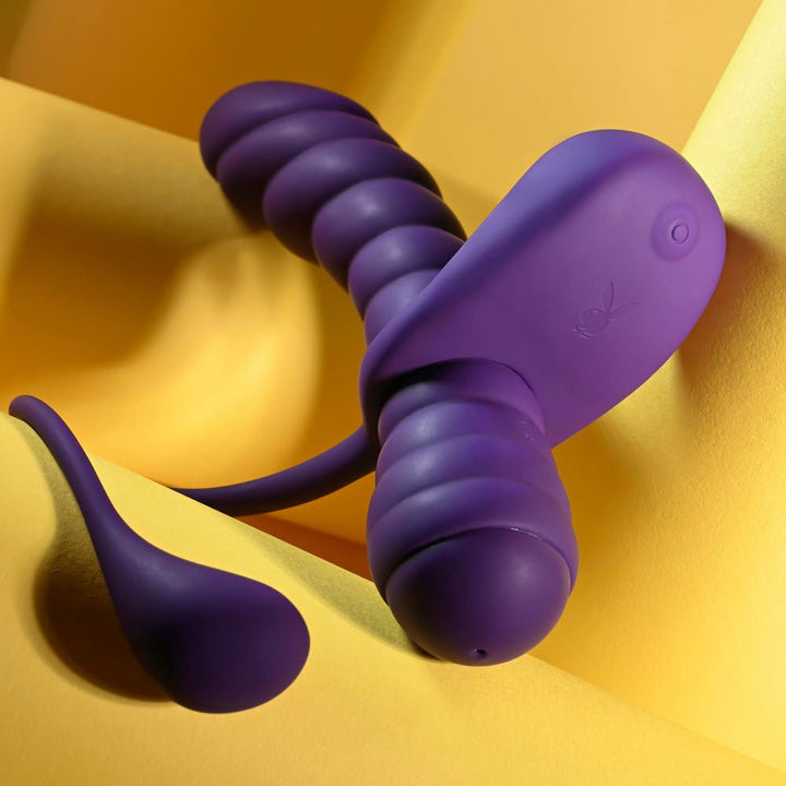 Playboy Pleasure TWISTED PLAYGROUND - Purple USB Rechargeable Vibrator and Cock Ring Kit – Sex toys NZ by Naughtyhut. Discreet delivery nationwide.